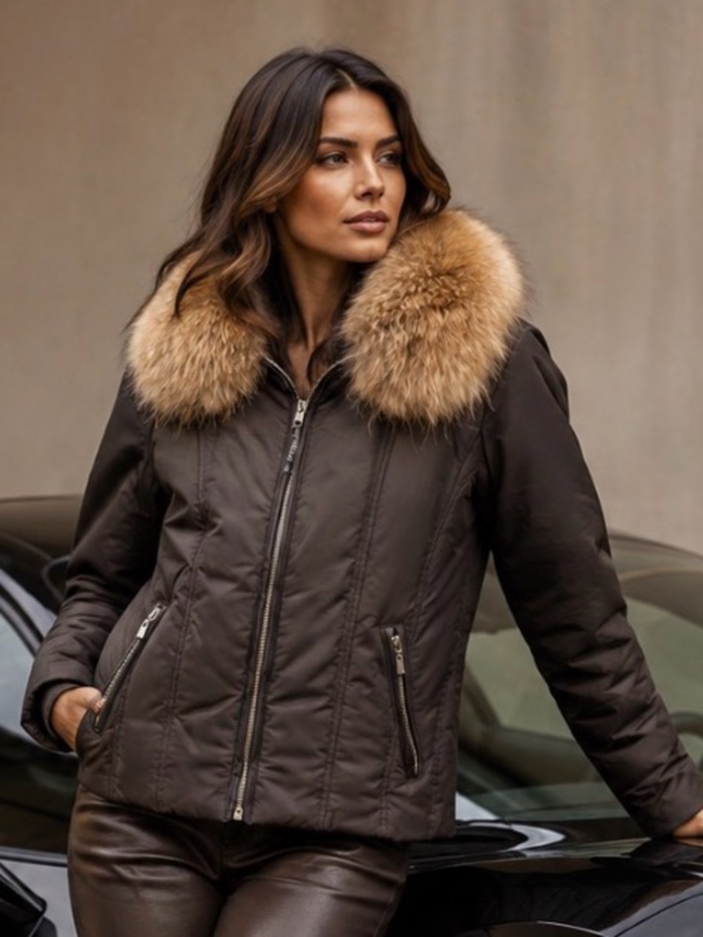 MICHAEL KORS Raccoon Fur Collar Down Puffer Parka Jacket Brown M MSRP $400 NWOT